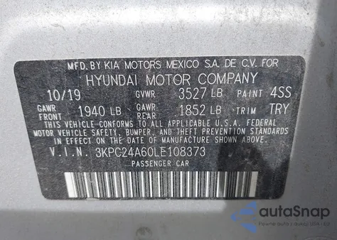 2020 Hyundai Accent Se z USA, uszkodzony, nr VIN 3KPC24A60LE108373